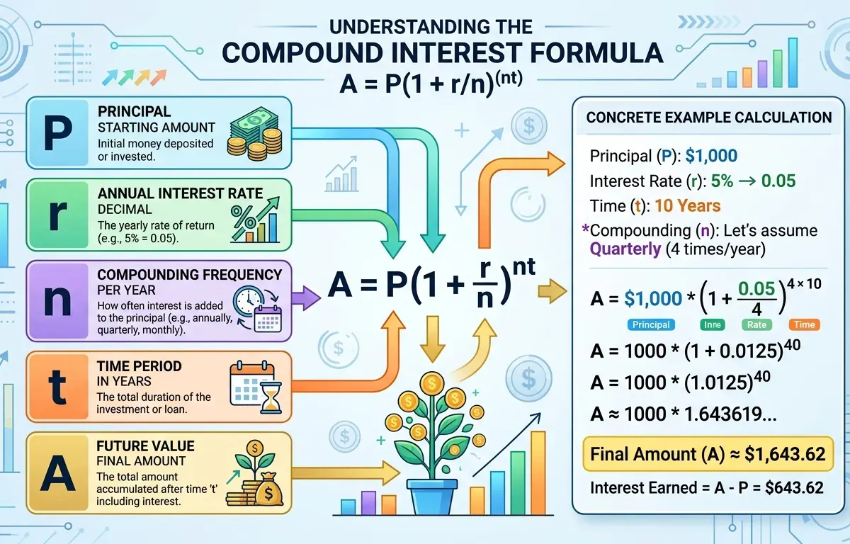 Compound interest formula components explained with step-by-step calculation example