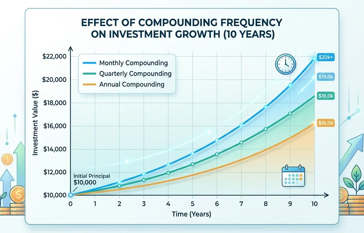 Compounding frequency comparison showing monthly compounding yields higher returns