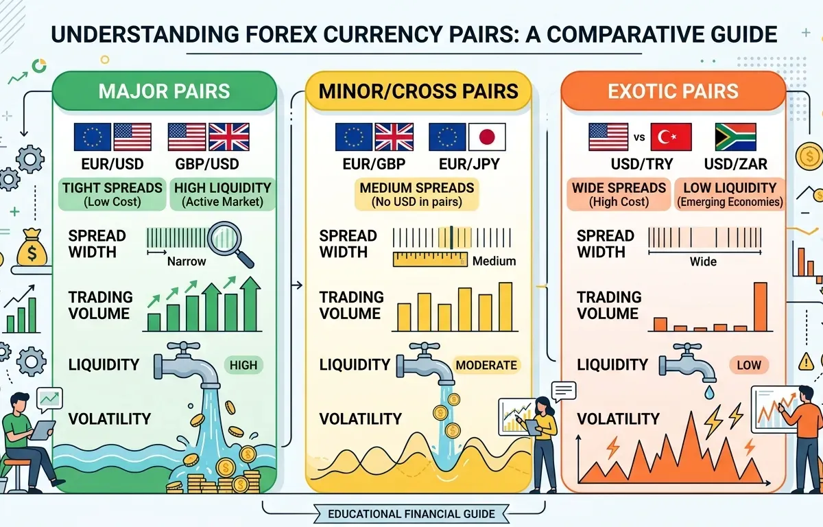 Comparison of major, minor, and exotic currency pairs showing trading volume and spread characteristics