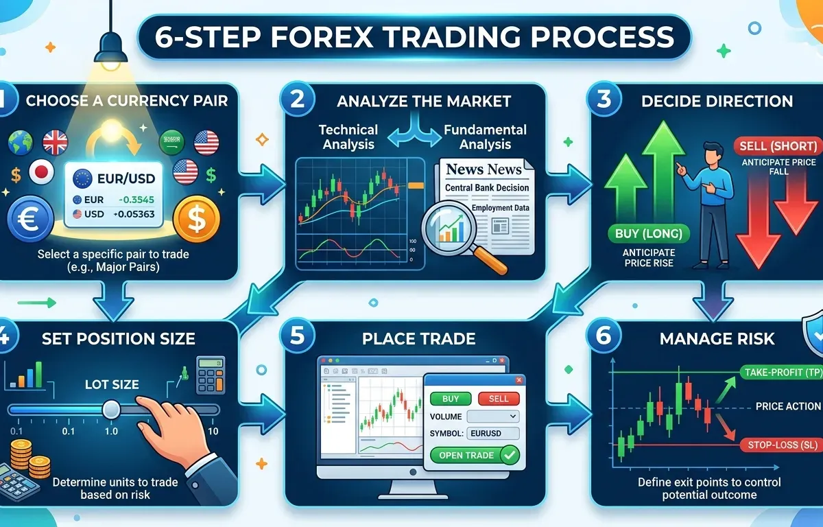 Step-by-step guide to trading forex currency pairs including order placement on a trading platform
