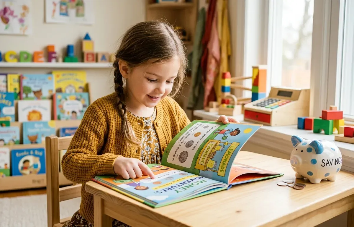 Child reading a money education book with a piggy bank nearby