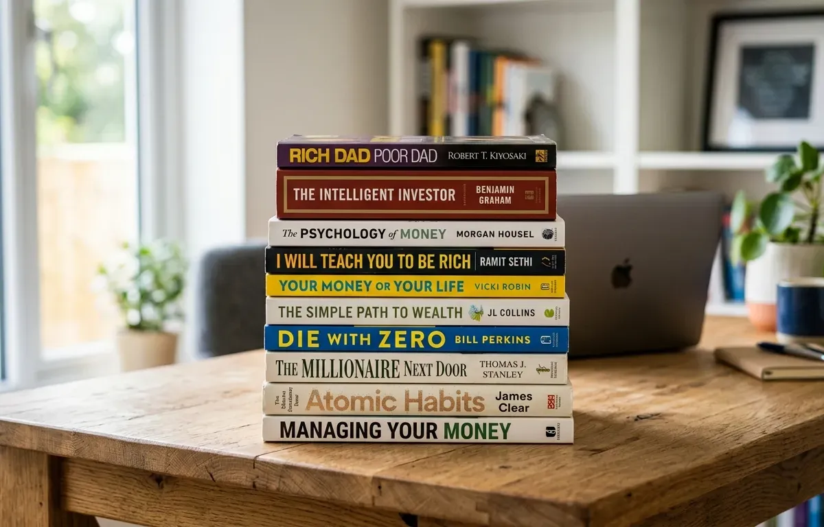 Stack of personal finance and money management books on a table