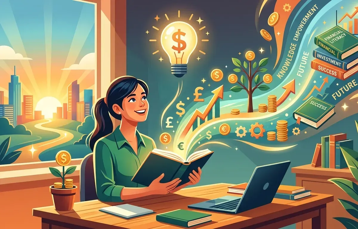 Inspirational illustration showing a person with an open book and lightbulb, representing financial knowledge and learning breakthroughs