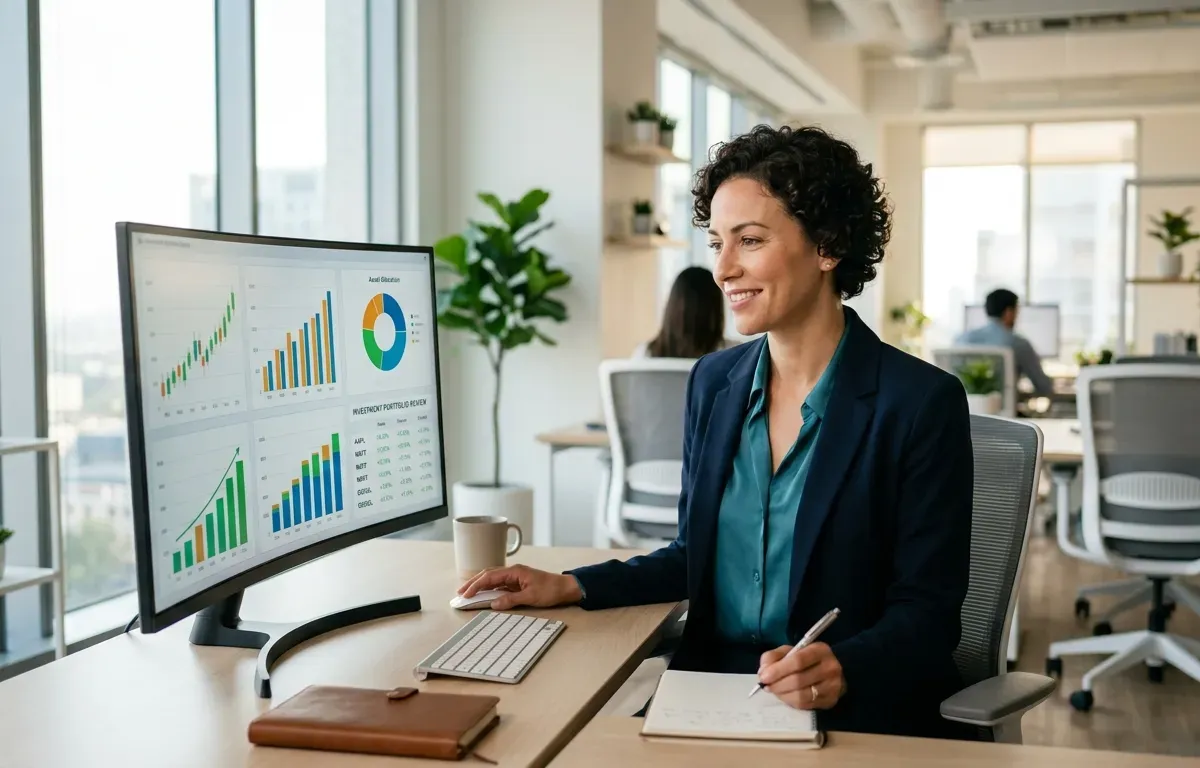 Investor reviewing portfolio and making confident financial decisions