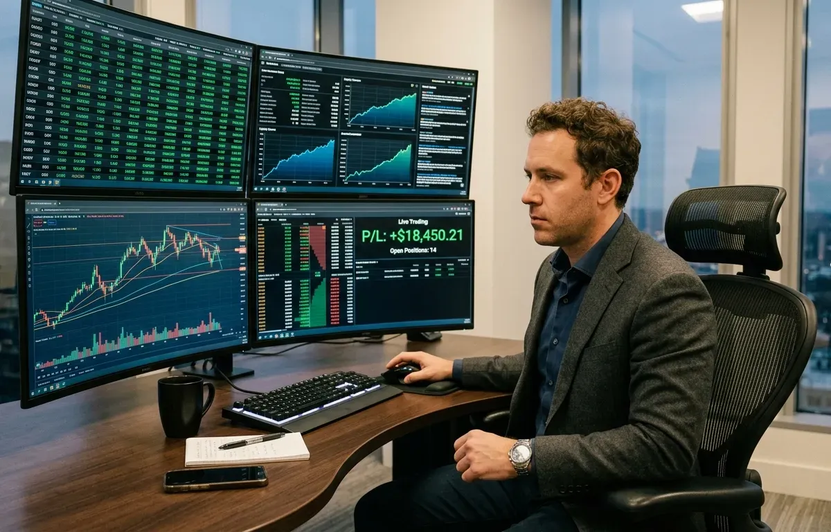 Individual at a desk using a demo trading account on a laptop with charts and performance metrics