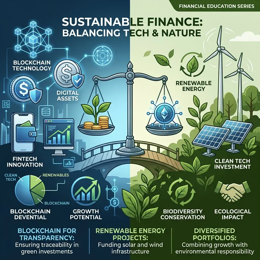 Sustainable finance concept showing green elements with digital stablecoin symbols representing environmental consciousness in digital assets