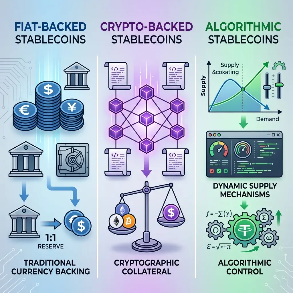Three types of stablecoins: fiat-backed, crypto-backed, and algorithmic stablecoins illustrated with their respective backing mechanisms