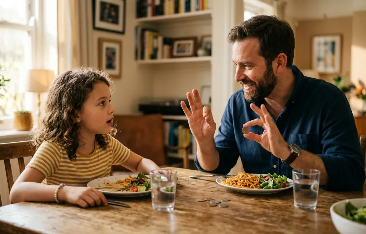 Parent teaching child about money during everyday activity
