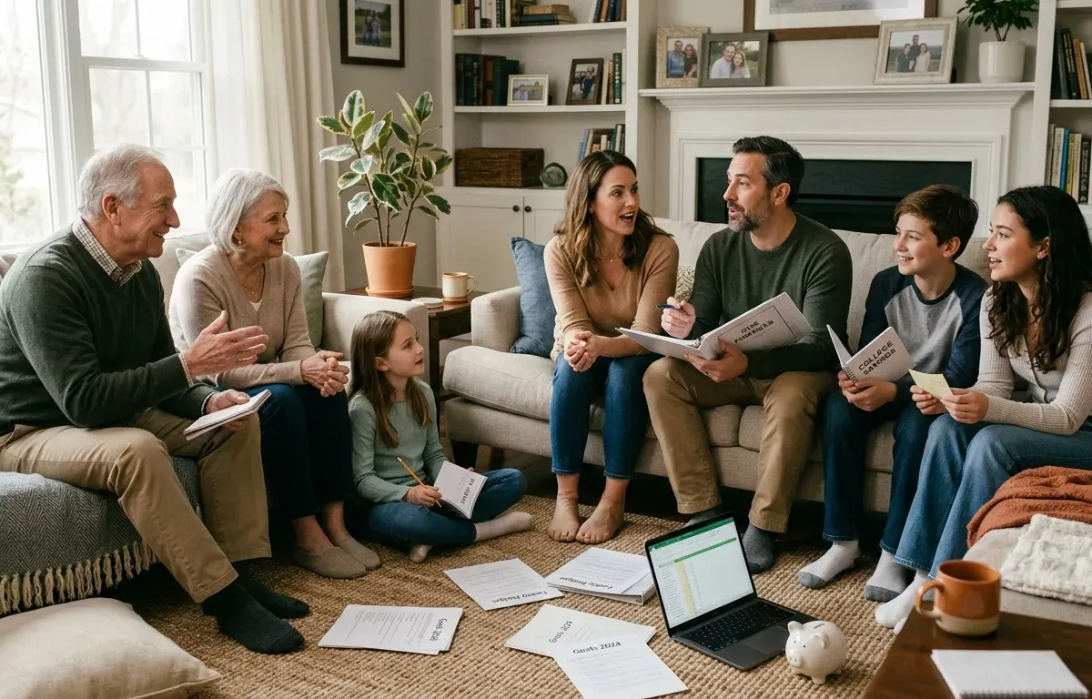 Multi-generational family discussing financial goals together